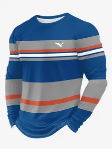 Trendy men's color-blocked geometric striped print long-sleeved T-shirt, versatile men's Fitted crew neck pullover, streetwear, Casual, men's top.