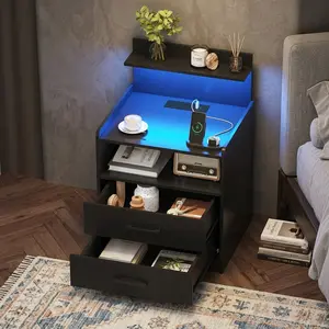 Night Stand with Charging Station, LED Bedside Table with Drawers & Storage Shelf, Modern Wood End Table Side Table for Bedroom, Multi-Function Bedside Storage Nightstand for Home