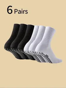 6 Pairs Youth Solid Anti-Slip Soccer Socks, Shock Absorbing Durable Towel Bottom Sports Basketball Socks, Sweat-Wicking Breathable Mid-Calf Socks