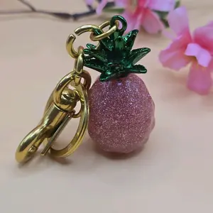 Pink Glitter Pineapple Keychain with Green Leaf and Gold Clip Charm for Bags and Keys