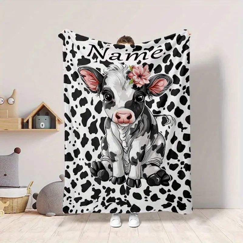 Customizable Cute Cow Print Throw Blanket, Personalized Name Floral Cow Themed Cozy Blanket, Soft Fluffy Lightweight Blanket for All Seasons, Anti-Pilling Washable Decorative Blanket