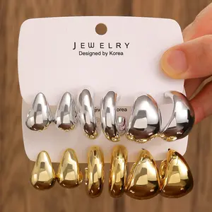 Elegant Gold Tone Statement Earring Pack, Versatile Geometric Hoops & Studs for Daily Wear & Party, Hypoallergenic