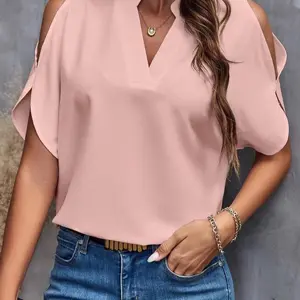 LUNE Solid Cold Shoulder Split Sleeve Popover Blouse, Short Sleeve Tops for Women's Womenswear - Shirts Casual Fabric Fit Loose Pink Woven