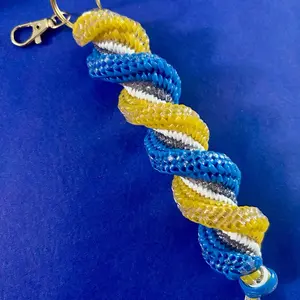 Yellow Blue Boondoggle Bag Charm with multiple Strings of Plastic Lanyard String Adorable Spiral Stitch Design Nostalgic Collectible