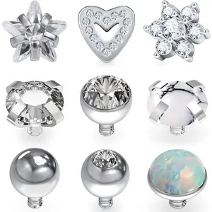 9PCS 14G Grade 23 Titanium Dermal Anchor Tops Internally Threaded Clear Star Heart Flower Gem Top Piercing Jewelry for Women Men