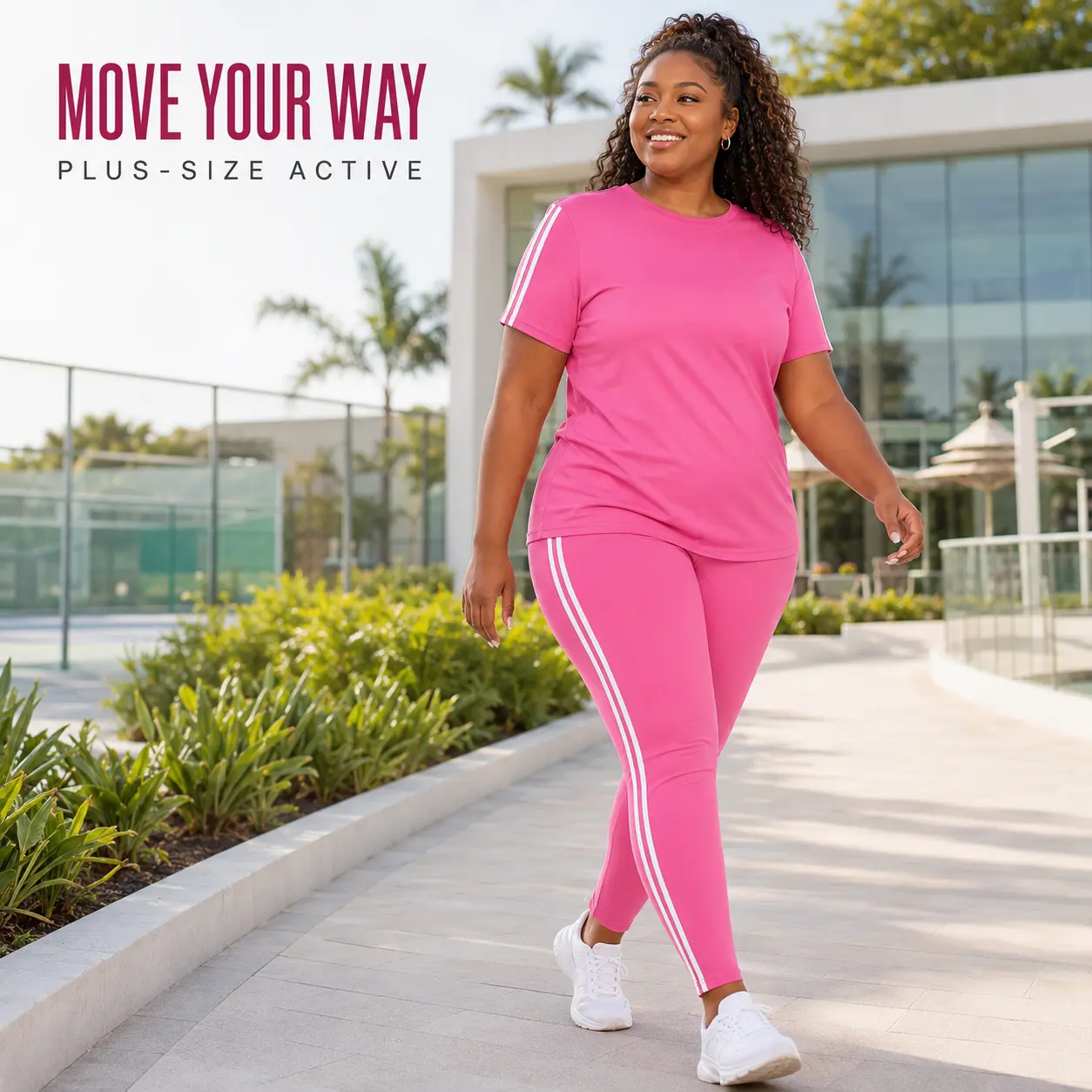 Women’s Plus Size Stripe Detail 2-Piece Matching Activewear Set - Short Sleeve Crew Neck Top, High Waist Long Pants, 2-Piece Set for Curvy Clothing, Plus Size Clothes for Walking, Travel