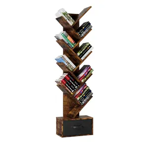 9 Tier Tree Bookshelf with Drawer Bookcase, Modern Book Storage, Free Standing Tree Bookcase, Utility Organizer Shelves for Home Office, Living Room, Bedroom, Rustic Brown