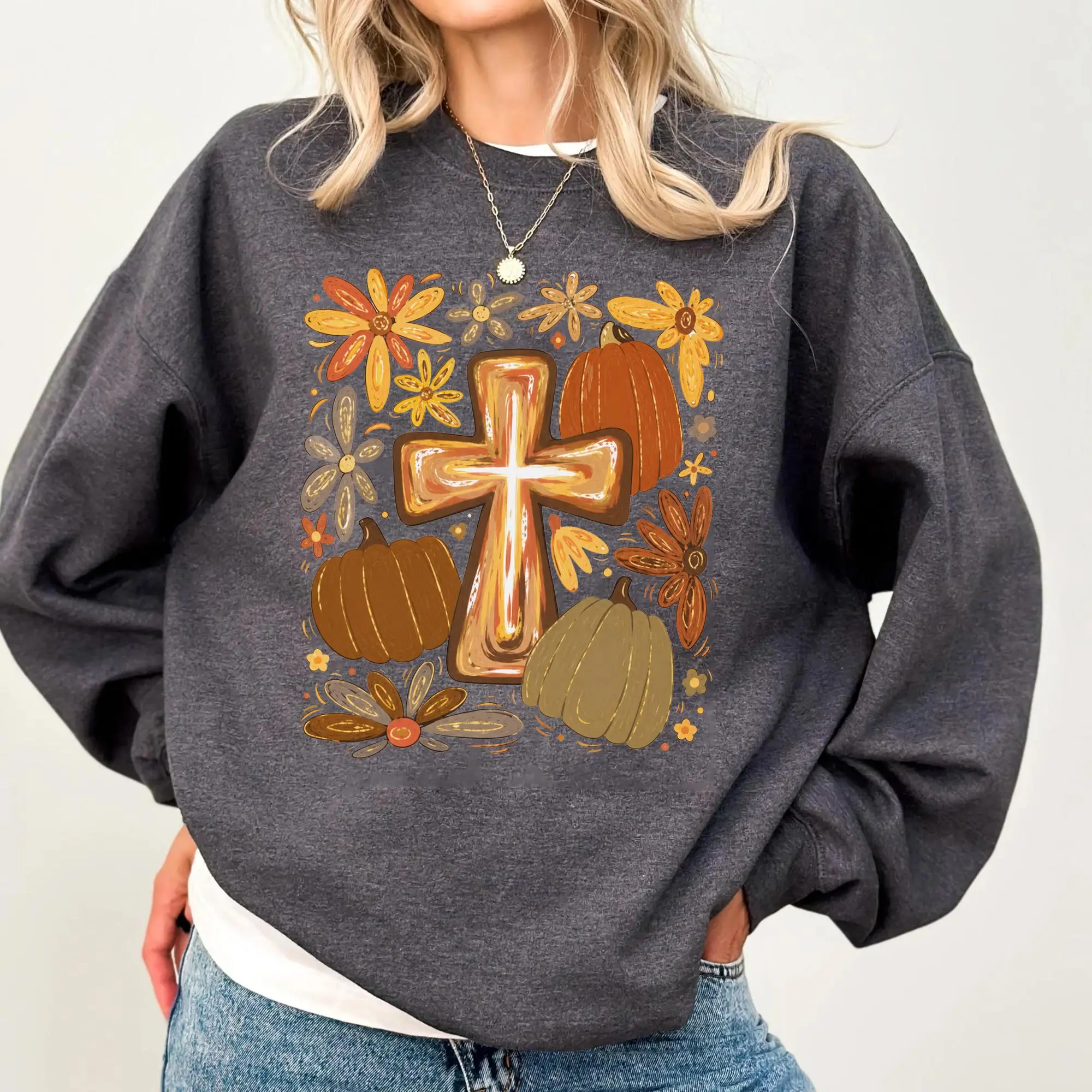 Fall Cross Sweatshirt, Autumn Christian Crewneck Pullover, Soft Fleece Religious Graphic Sweater, Women’s Faith Fall Outfit, Church Bible Study Top, Cozy Christian Gift For Her