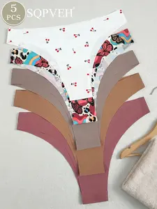 5-pack Women's Valentine's Day butterfly and cherry print, mostly solid color, comfortable, skin-friendly, sexy one-piece women's thong Soft Breathable Knicker Soft Breathable Panty