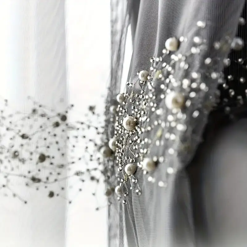 1pc French Luxury Beaded Transparent Curtain Set, Living Room Bedroom Spring Curtains, Romantic Window Screen Drapes, Minimalist Style, Home Textile