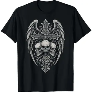 Gothic Cross Skulls and Roses T-Shirt, Dark Angel Wing Religious Graphic Tee, Edgy Biker Punk Streetwear Shirt for Men Women, 100% Cotton