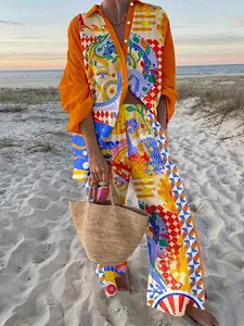 Women's Set Beach Vacation Style Multi-Color Print Long Sleeve Shirt + Trousers