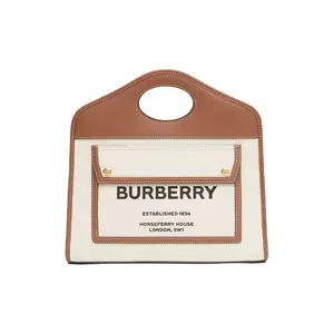 Pre-owned BURBERRY canves Tote Bags Small Pocket Bag Natural Canvas & Dark Brown Leather Multiway Tote Crossbody Handbag