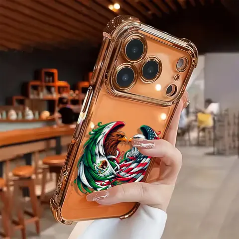 Mexican-Style Creative Eagle Electroplated Transparent TPU Airbag Shockproof Phone Case - Soft, Stylish, Easy-Grip Casing for iPhone 17 Pro Max,16,15,14,13,12,11 - Personalized Smartphone Accessory, Iphone 15