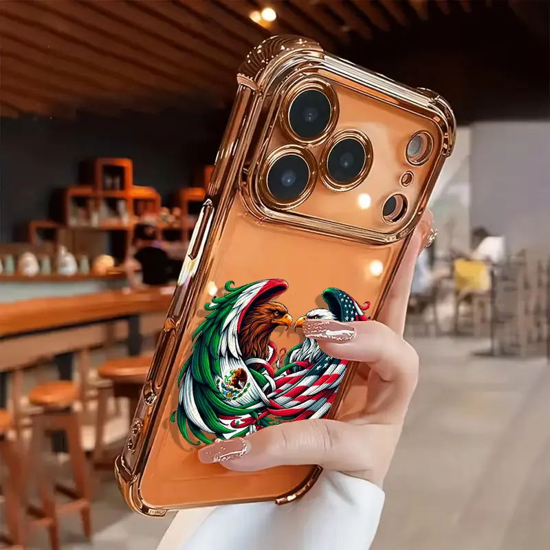 Mexican-Style Creative Eagle Electroplated Transparent TPU Airbag Shockproof Phone Case - Soft, Stylish, Easy-Grip Casing for iPhone 17 Pro Max,16,15,14,13,12,11 - Personalized Smartphone Accessory, Iphone 15