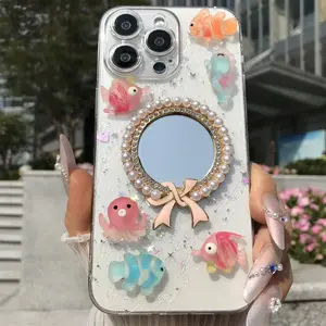 Cute Fish Design Phone Case with Chain, Transparent Hard Shell Rear Cover, Non-yellowing Protective Case for iPhone