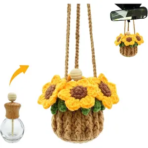 Crochet Car Air Freshener, 15ml Empty Refillable Oil Diffuser Bottle with Hanging Crochet Sunflower for Car Rearview Mirror Decor Air Freshener Diffuser