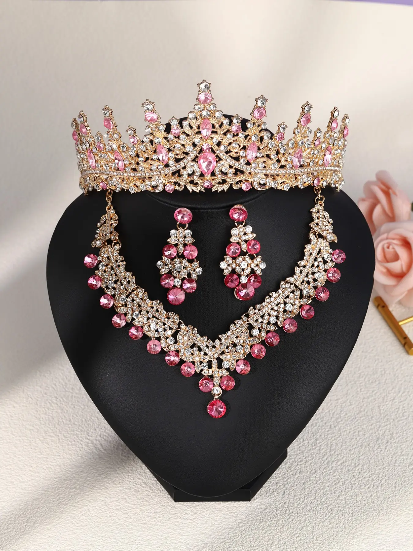 Rhinestone Decorated Crown & Necklace & Earrings, Fashion Luxury Baroque Style Jewelry Set for Wedding Bridal Party Formal Occasions, Wedding Jewelry Sets For Brides