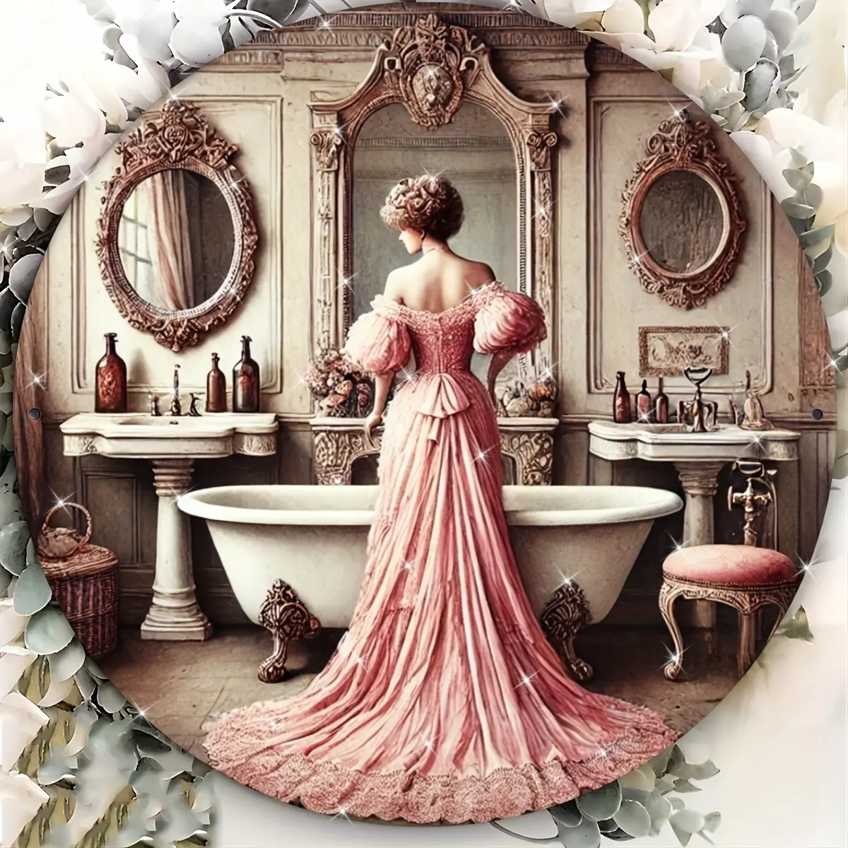 1pc 8*8in Artistic Aluminum 2D Flat Vintage Victorian Lady Home Wall Decor Plaque - Feminine Shabby Chic Sign for Bathroom, Powder Room Vanity