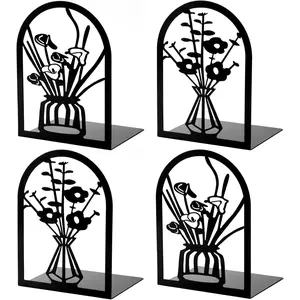 Book Ends, 2 Pairs Metal Bookends, Flower Book Ends for Shelves Decorative, Book Stopper for Heavy Books, Ends to Hold Books for  Office