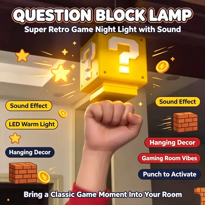 Interactive Punching Stress Relief Toy, Retro Question Block Gaming Night Light with Sound Effects, Fun Desk Decor Gift for Gamers Kids Adults