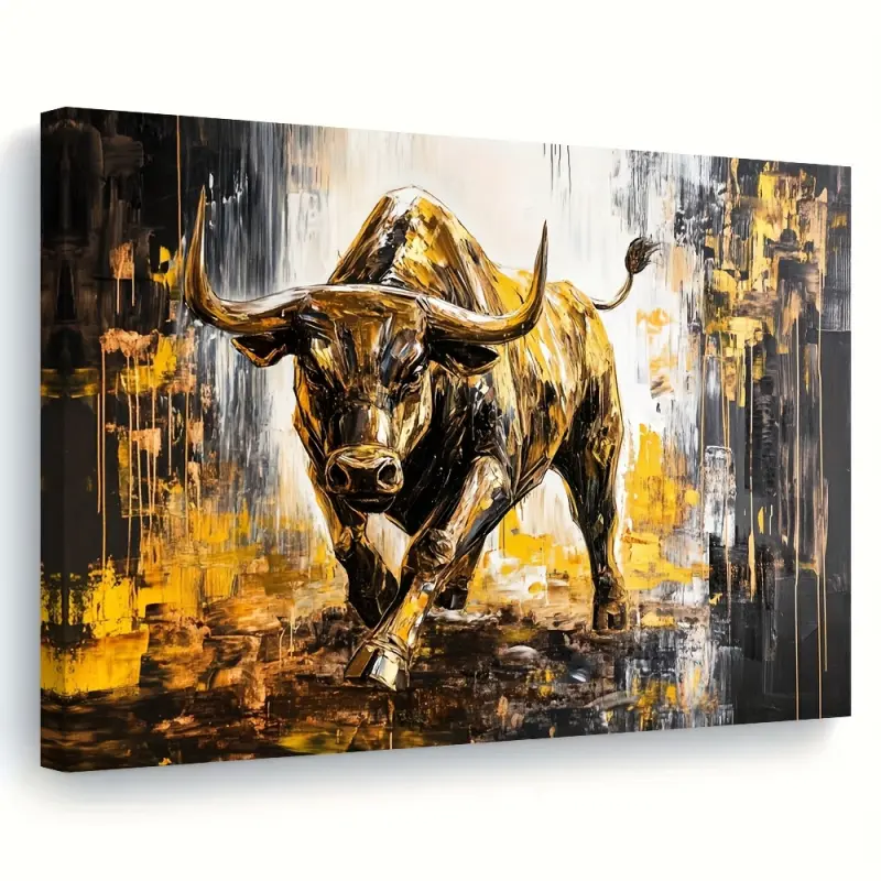 A Framed Wooden Canvas Wall Art, Bull and Bear Market Gold Stock Market Art, Wall Street Canvas Painting, Canvas Decorative Wall Art, Suitable for Bedroom, Kitchen, Office, Bar, Farmhouse, Living Room, Home Wall Decoration, Framed QWER989
