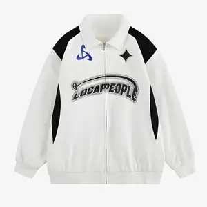 Locapeople Cosmo Zipper Jacket Casual Style with Collar, White Color, and Black Accents, Long Sleeve Design