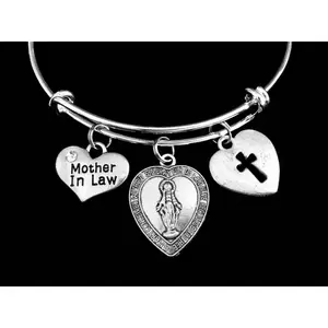 Mother in Law Gift Miraculous Medal Charm Bracelet - Adjustable Silver Bangle with Virgin Mary Cross Charms