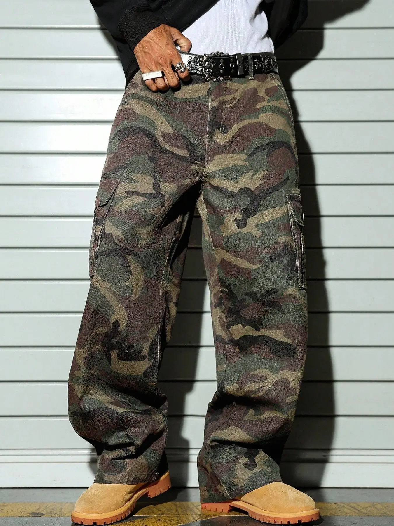 Men's Loose Fit Camouflage Jeans, Multi-Pocket Work Pants, Trendy American Streetwear, Y2K Hip Hop Casual Long Pants, All Seasons
