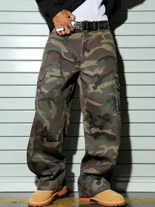 Men's Loose Fit Camouflage Jeans, Multi-Pocket Work Pants, Trendy American Streetwear, Y2K Hip Hop Casual Long Pants, All Seasons