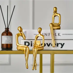 Golden Sitting Figure Sculpture, 3Count Modern Home Decor Figurine for Bookshelf, Mini Sitting Thinker Statue, Abstract Figure Sculpture
