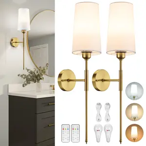 【Amazing Deal】 NookNova Black/Gold Long Lamp Pole with Large White Fabric Shade Wall Light - Set of 2, Includes Rechargeable Bulbs for Stylish Illumination