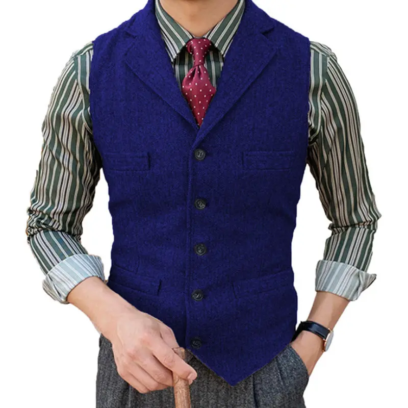Men's Herringbone Suit Vest, Sleeveless Slim Fit V-Neck Waistcoat in Acrylic Fabric for Formal Business Menswear