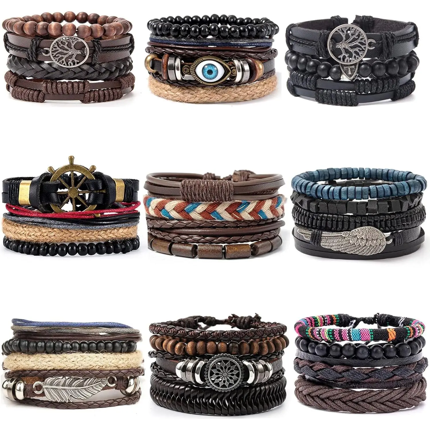 35PCS Braided PU Bracelets for Men Women Wrap Wood Beads Cuff Bracelet Hemp Cords Ethnic Tribal Handmade Wrap Wristband Bracelets Set Adjustable Beaded Crafted, Unique, Durable