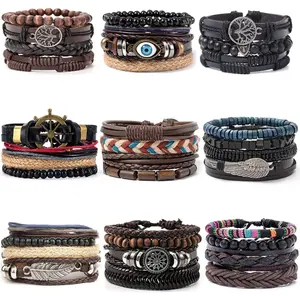 35PCS Braided PU Bracelets for Men Women Wrap Wood Beads Cuff Bracelet Hemp Cords Ethnic Tribal Handmade Wrap Wristband Bracelets Set Adjustable Beaded Crafted, Unique, Durable