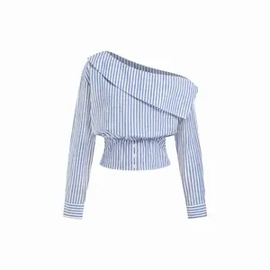 Cider Cotton-blend Striped Asymmetrical Neck Smocked  Blouse