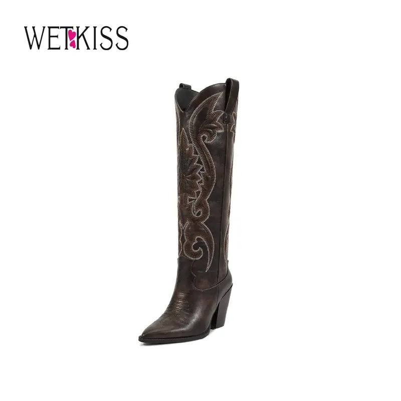 Wetkiss Womens Western Cowgirl Cowboy Knee High Boots with Embroidered Pointed Toe Chunky Heel Slip on Retro Tall shoes ,Women's Shoes,Women's Boots , #WeeklyDeals#TikTokShopFallDealsForYou
