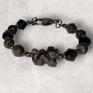 Silver Obsidian Dragon Bracelet with Black Accents, Beads, and Full Dragon Charm
