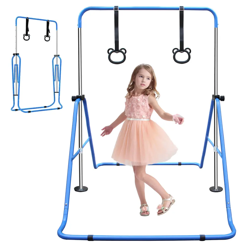 Expandable Gymnastics Bar for Kids - Height Adjustable Junior Training Bar for Home, Folding Gymnastic Horizontal Bars Equipment Blue