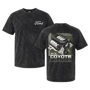 Ford 5.0L Coyote V8 Engine Graphic Tee | Men's Vintage Mineral Wash Heavyweight Cotton T-Shirt | Retro Muscle Car Streetwear Apparel Gift for Car Guys