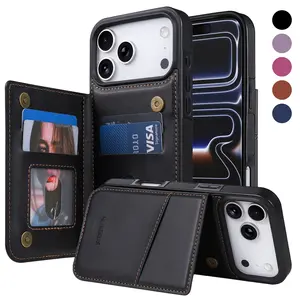 For iPhone 17 16 15 14 13 Pro Max Magnetic Buckle RFID Blocking Leather Wallet Case Card Slots Flip Kickstand Shockproof Cover