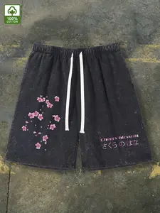 Men's Retro Washed Cotton Shorts 290g - Cherry Blossom Print Loose Fit Streetwear with Adjustable Drawstring ,  Waistband & Pockets - Breathable Casual Sports Shorts, Easter, Music Festival, Mother's Day Gifts Elastic Waist