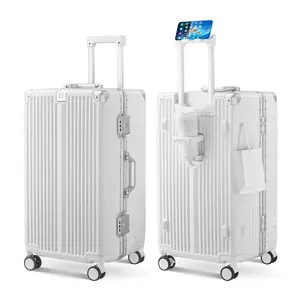24-inch checked luggage with cup holder and phone stand, aesthetic hard-shell smart suitcase with TSA lock and spinner wheels, lightweight travel essentials hard-shell luggage