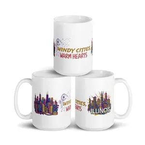 Illinois Drinkware Collection Windy Cities Warm Hearts Design on Mugs Glitter Cups & Tumblers Colorful Skyline Art for Chicago Lovers Great Gift Idea for Travelers Locals Coffee Cocktail Fans Unique State Themed Souvenirs with Spoon