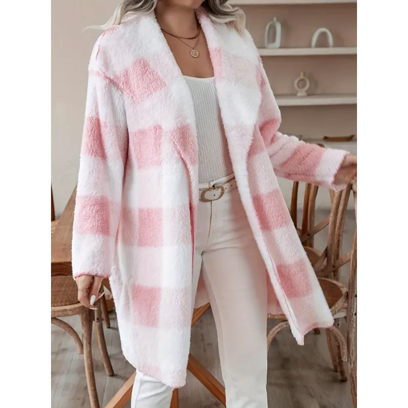 Plus Size Casual Coat, Women's Plus Plaid Print Teddy Fleece Open Front Long Sleeve Waterfall Collar Tunic Coat