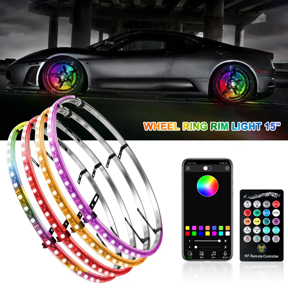 4-Pc 15-In RGB Car LED Rim Wheel Ring Lights, App & RF Remote Controlled, Waterproof Color-Changing Lighting Accessories for Trucks, SUVs