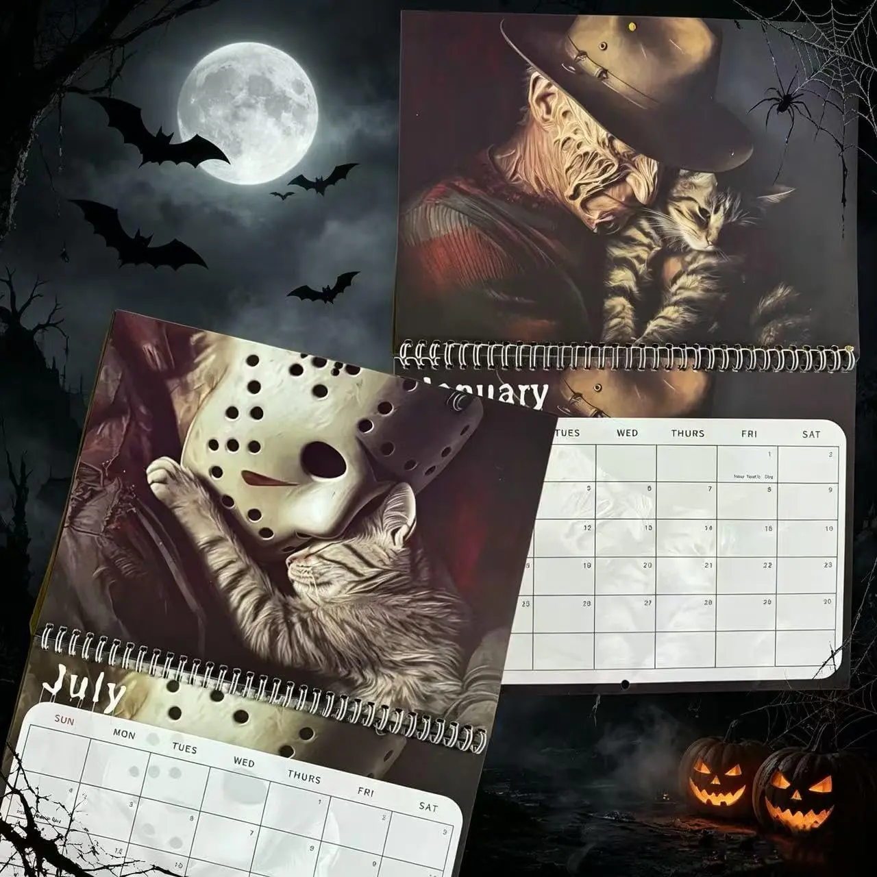 Pre-order: 2027 "Horror Movies and Cats" Themed Wall Calendar - 12-month home decor calendar featuring horror villain movie characters, spiral-bound movie horror style.
