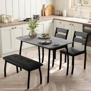 Dining Table Set for 4, Sturdy Wooden Kitchen Table with Chamfer Design and Metal legs, Upholstered Bench & 2 Classic Dinner Chairs, Kitchen and Dining Set for Home Dinner, Party, Apartment, Grey