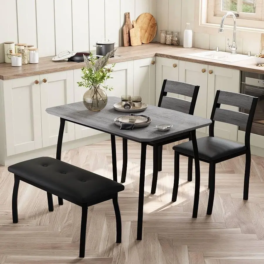 Grey 4-Piece Indoor Dining Room Set - Sturdy Wooden Table with Corner-Cut Design & Metal Legs, Upholstered Bench, 2 Classic Chairs for Home Dinner, Party, Apartment, Modern Style