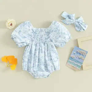 Infant Baby Girl Plaid Romper Baby Pleated Romper Ruffle Festival Bodysuit Spring Summer Clothes with Headband